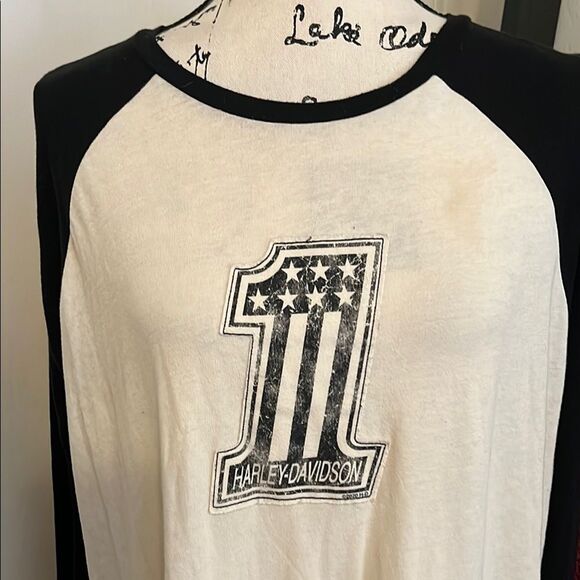 Harley-Davidson Black Cream Number 1 One Pullover Raglan Casual Shirt - Picture 2 of 11